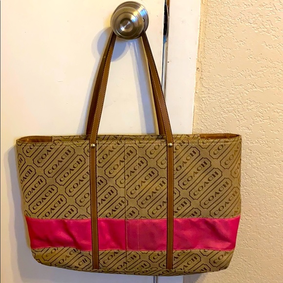 Coach lozenge logo khaki brown pink tote - Picture 2 of 6